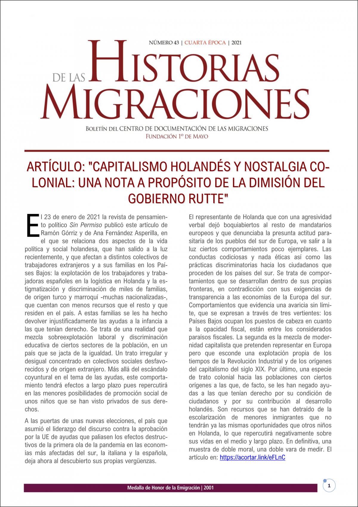 Portada Boletín Historia de las Migraciones nº 43