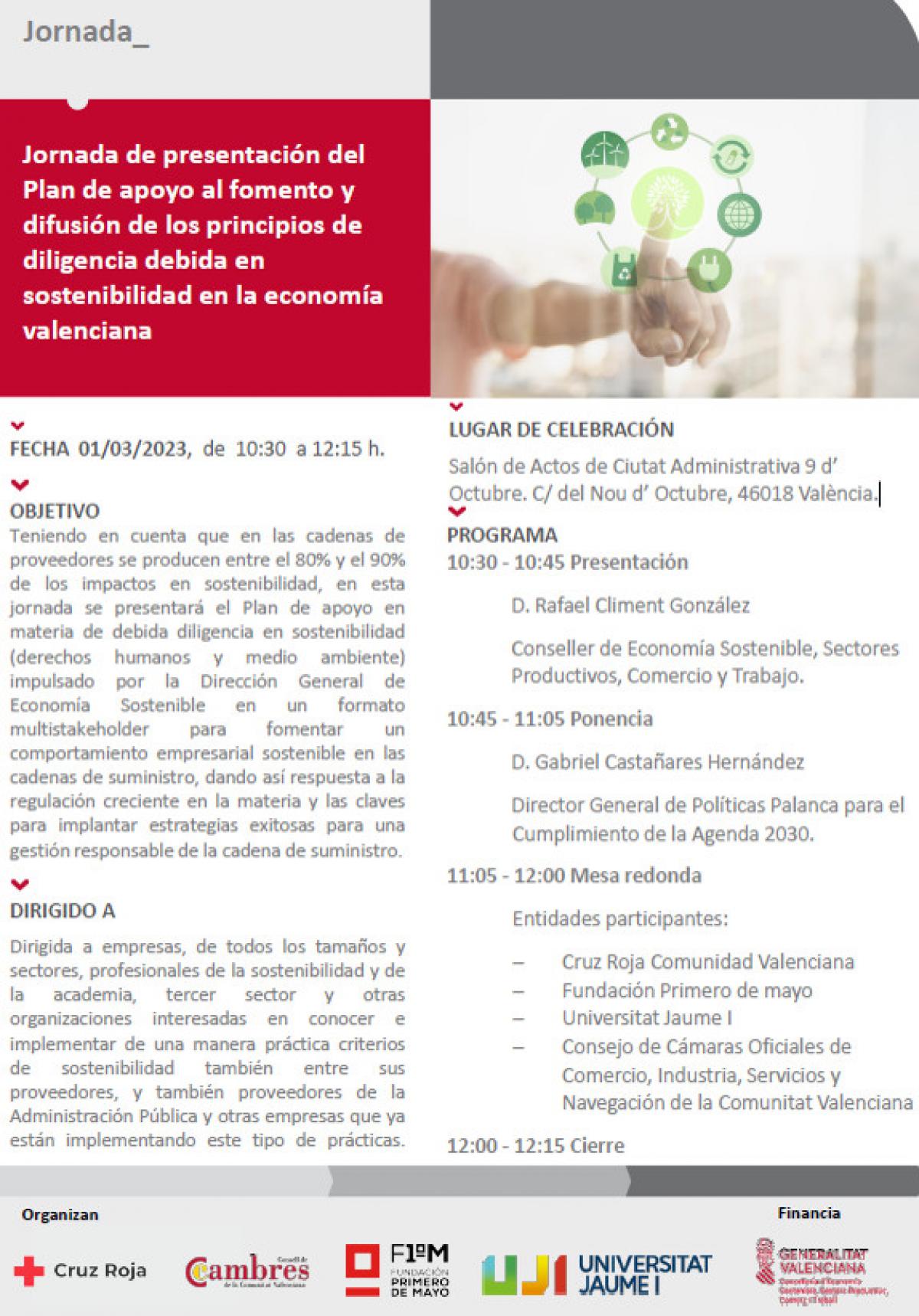 Imagen del programa de la Jornada de presentación del Plan de apoyo al fomento y difusión de los principios de diligencia debida en sostenibilidad en la economía valenciana